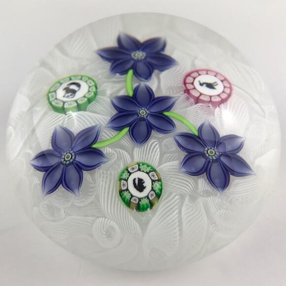 Perthshire 1995B Blue Flowers on Lace Picture Cane Squirrel Panda Paperweight - Picture 2 of 15